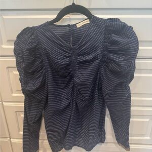 Ulla Johnson Blue and White Ruched Puff Sleeve Blouse
